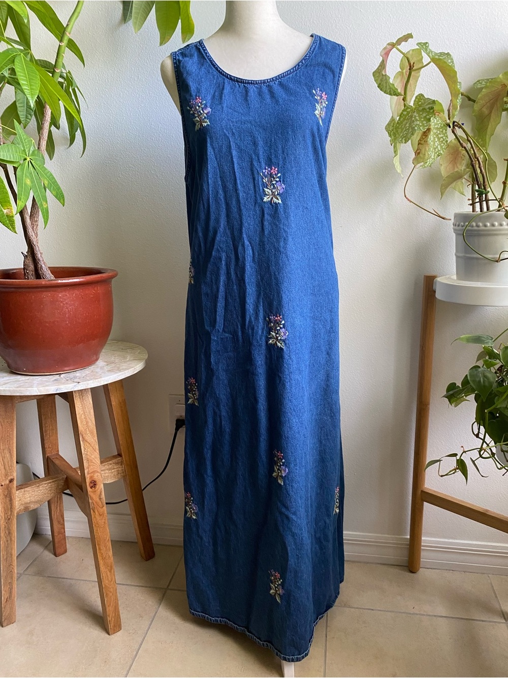 Embroidered Sleeveless Denim Maxi Dress
